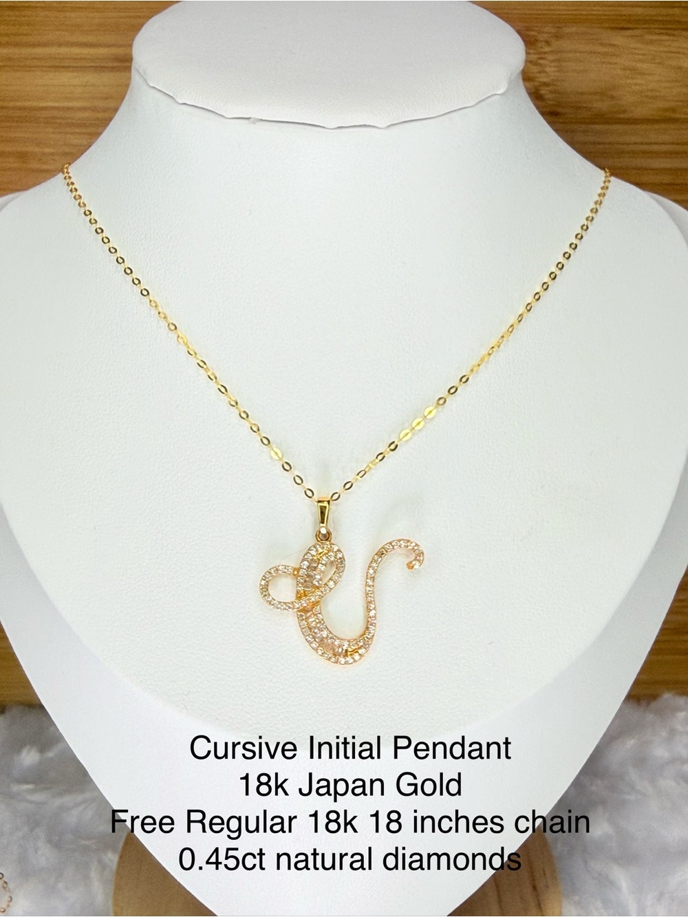 18k Gold Cursive 'U' Initial Necklace with Diamonds - Gold